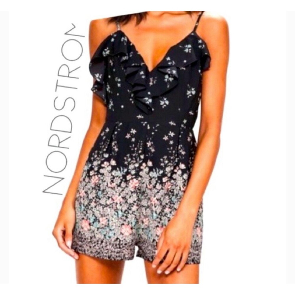 Missguided Floral V-Neck Ruffle Strap Sleeveless Romper One-Piece Black 6 y2k